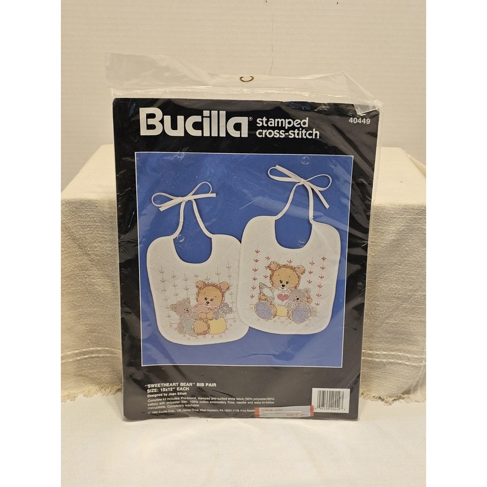 Vintage Bucilla Cross Stitch Baby Bibs Sweetheart Bears NIP